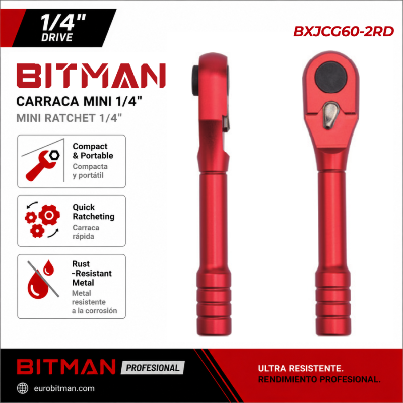 MINI LLAVE DE CARRACA 2 EN 1 AGUJERO HEX CIEGO 1/4" COLOR ROJO